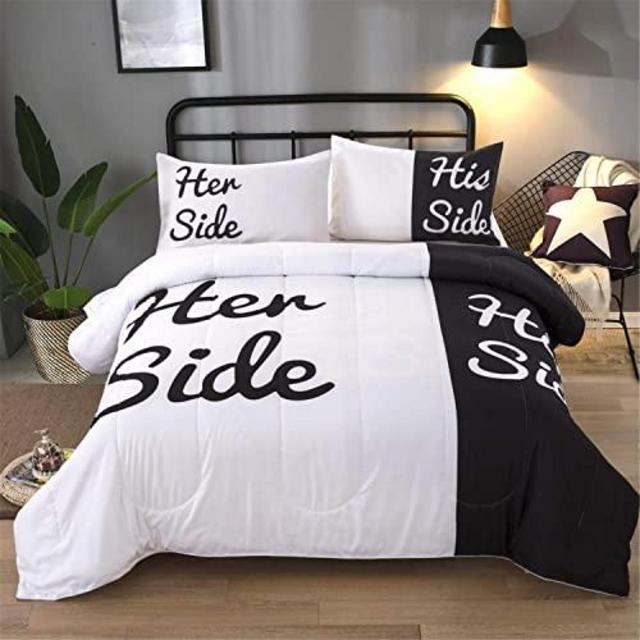Black and White Comforter Set King Her Side and His Side Printed Bedding Solid Comforter with 2 Pillowcases, All Season Down Alternative Comforter Insert, Ultra Soft Microfiber (3 Pieces, 90"x 103")