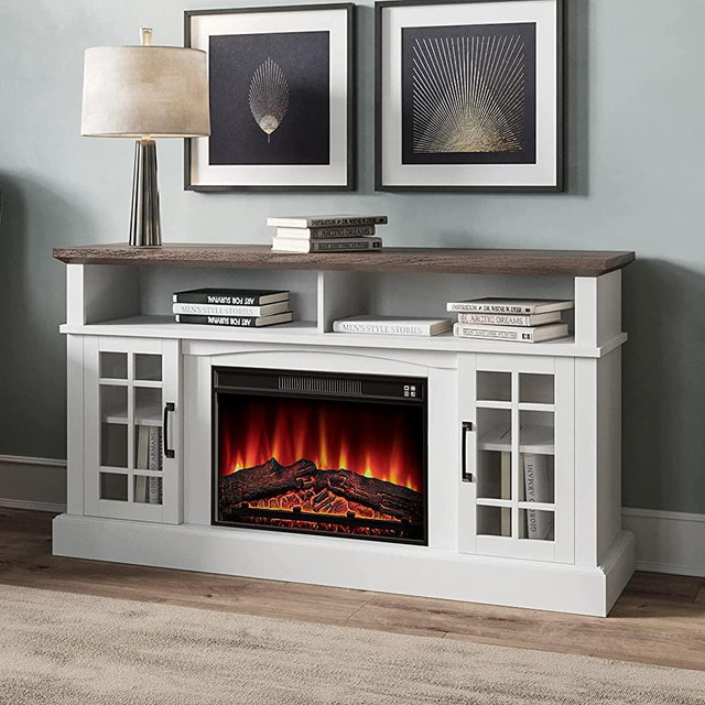 BELLEZE 58" TV Stand with 23" Electric Fireplace, Fireplace TV Console for TV up to 65", Home Entertainment Center with Storage Cabinet and Adjustable Shelves - Astorga (White)