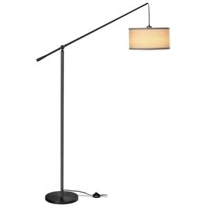 Brightech Hudson Pendant Floor Lamp – Classic Elevated Crane Arc Floor Lamp with Linen-Textured Hanging Lamp Shade- Tall, Industrial, Adjustable Uplight Lamp for Living Room, Office, or Bedroom Black