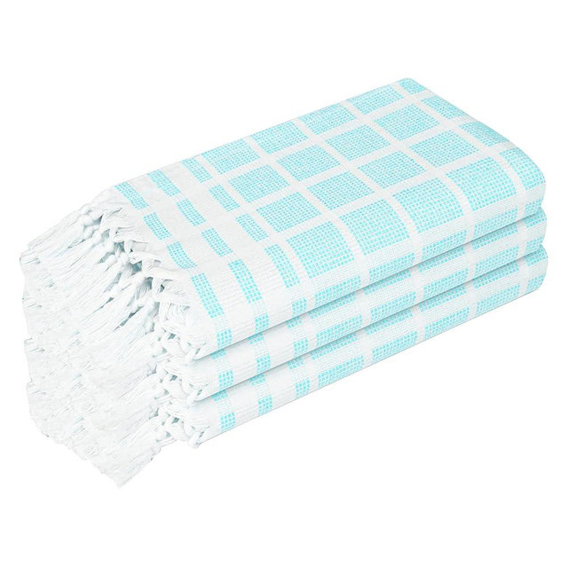 HEIRLOOM COMFORT Aqua Blue and White Dotted Matrix Kitchen Towels 3 Pack, 16x26 Inch, 100% Cotton, Soft & Quick Dry, Absorbent, Reusable, Decorative Tassel Dish Towel for Cooking and Cleaning