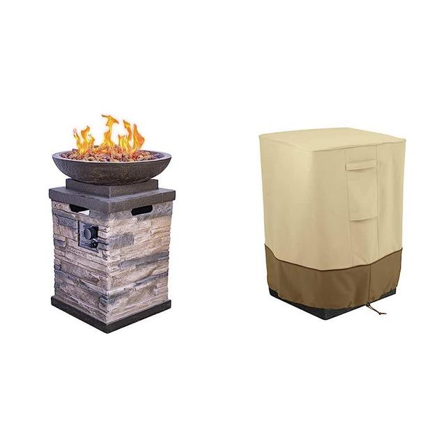 Bond Manufacturing 63172 Newcastle Propane Firebowl Column 40,000 BTU Gas Fire Pit 20 lb, Pack of 1, Natural Stone & Classic Accessories Veranda Water-Resistant 21 Inch Outdoor Fire Column Cover