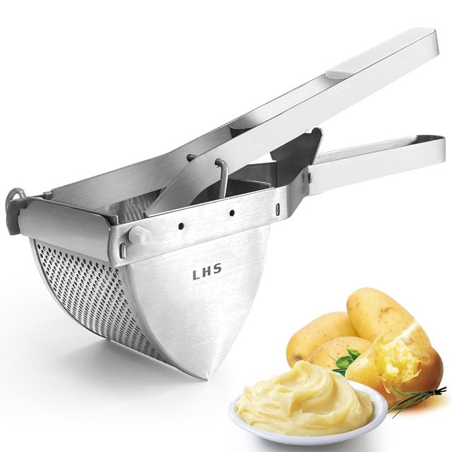 LHS Stainless Steel Potato Ricer and Masher, Heavy Duty Commercial Food Masher, Ergonomic Comfort Grip, Extra Large Capacity, Dishwasher Safe (White)
