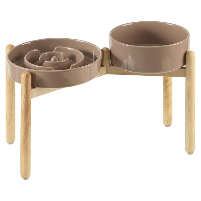 Havniva Ceramic Raised Slow Feeder Dog Bowl Set, Elevated 8.2inch Bowl and 9.5inch Puzzle Slow Food Dish with Wooden Stand for Large Dog, Anti-Gulping (2X Brown Coffee+ Stand)