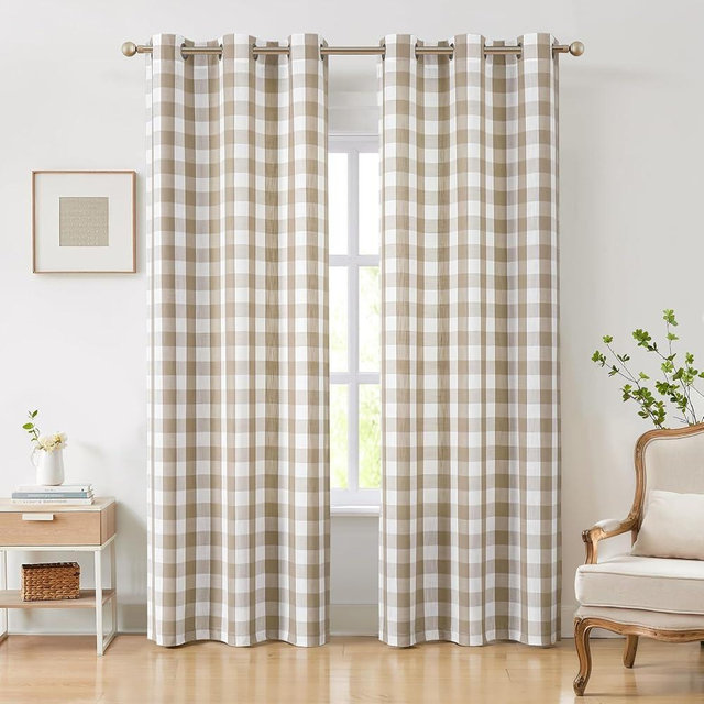 Amzdecor Buffalo Plaid Grommet Curtains 84 Inch Length, Tan Semi-Sheer Gingham Check Farmhouse Rustic Textured Curtains Drapery for Living Room Bedroom,2 Panels （40" x 84",Beige/Tan & White）