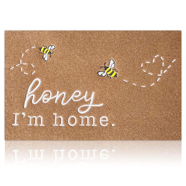 Front Door Mat Outdoor Entrance Welcome Mat, Honey I'm Home Bee Rustic Farmhouse Design Washable Outdoor Rug with Non Slip Low Profile Durable Rubber Backing,Brown Mat
