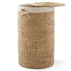 Casafield Round Laundry Hamper with Lid and Removable Liner Bag - Natural, Woven Water Hyacinth Wicker Laundry Basket for Clothes and Towels