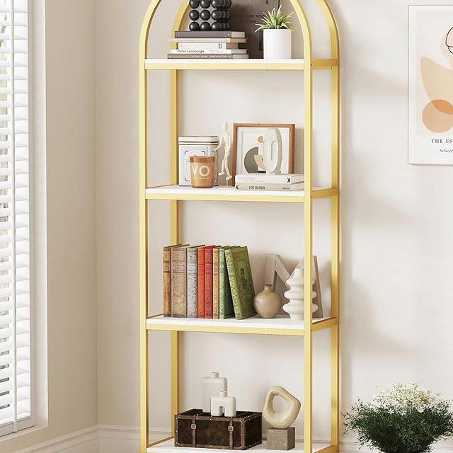 Yusong Bookshelf 4 Tier Arched Bookcase, 71.3" Tall Industrial Open Book Shelves for Living Room, Modern Freestanding Display Shelving Storage Rack Metal Frame, Office, Bedroom,Gold White