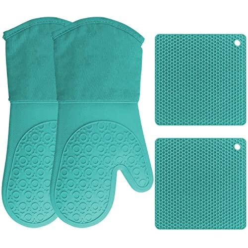 HOMWE Silicone Oven Mitts and Pot Holders, 4-Piece Set, Heavy Duty Cooking Gloves, Kitchen Counter Safe Trivet Mats, Advanced Heat Resistance, Non-Slip Textured Grip (Turquoise)