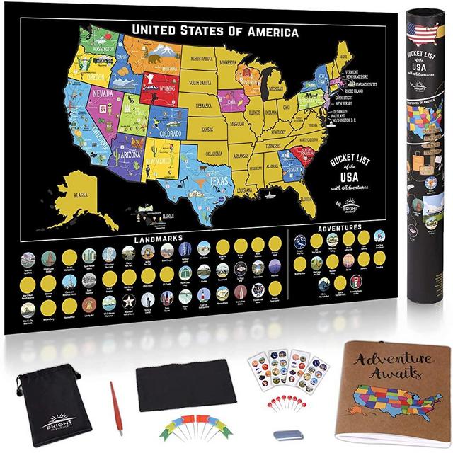 Scratch Off Map of The United States - Scratch Off USA Map Kit, 50 Pc Set, 85 Landmarks, US National Parks, Scratchable Adventure Maps Poster, Travel Journal, Gifts for Travelers by Bright Standards