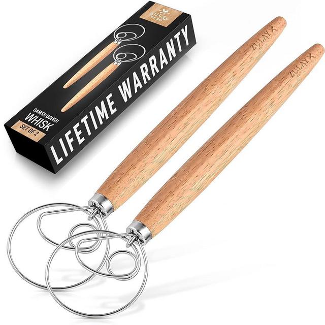 Zulay Kitchen 13-Inch Danish Dough Whisk - Wooden Danish Whisk for Dough with Stainless Steel Dough Hook - Traditional Dutch Whisk - Bread Whisk for Sourdough, Pizza, Pastry, Cake Batter - 2 Pack