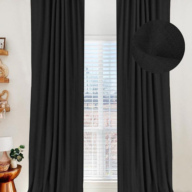 100% Blackout Shield Linen Blackout Curtains for Bedroom 96 Inches Long,Back Tab/Rod Pocket Living Room Drapes,Thermal Insulated Textured Blackout Curtains 2 Panels Set,50" W x 96" L,Black