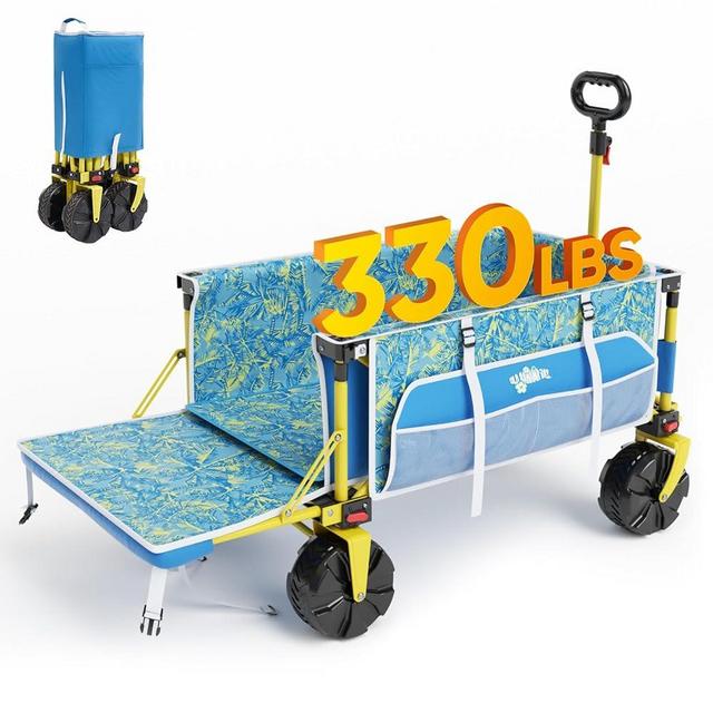 Old Bahama Bay Beach Wagon with Big Wheels for Sand, Heavy Duty 330 LBS Collapsible Beach Cart with Tailgate, Foldable Utility Wagon with Cup Holders & Side Pockets for Camping, Shopping, Garden, Blue