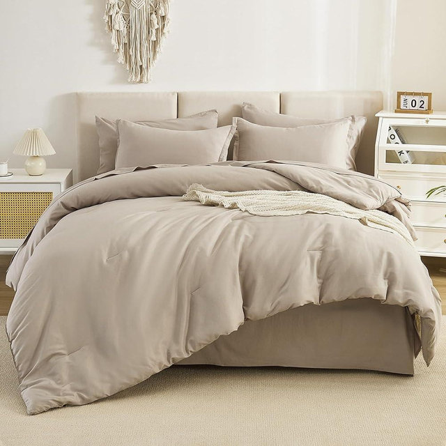 Litanika Comforter Full Size Sets Oatmeal - 7 Pieces Bed in a Bag Full Beddding Comforter Sets, Plain Lightweight Bed Set with Comforter, Sheets, Pillowcases & Shams