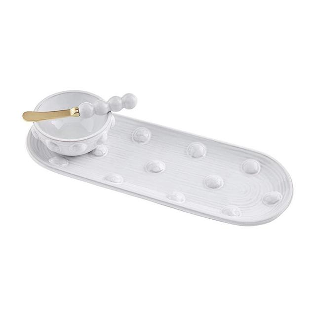 Mud Pie Dotted Dip and Tray Set, Size 5" x 14" 2" x 4 1/4" Dia | Spreader 6 1/2", White