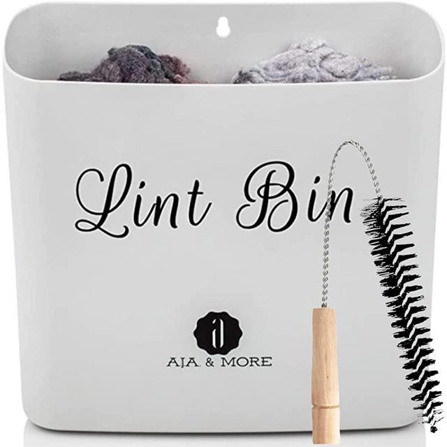 A.J.A. & MORE Lint Holder Bin for Laundry Room Space Saving Waste Bin with Magnetic Strip for Dryer, Washer, or Wall Mount (Grey + Brush)