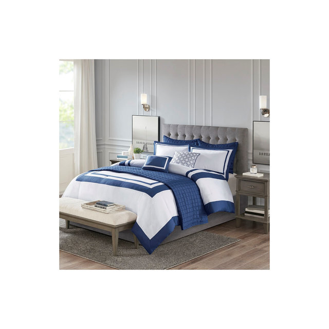 Heritage Comforter Quilt Combo Set - Modern Luxury Design, All Season Down Alternative Bedding, Matching Shams, Decorative Pillows,King/Cal King,Navy