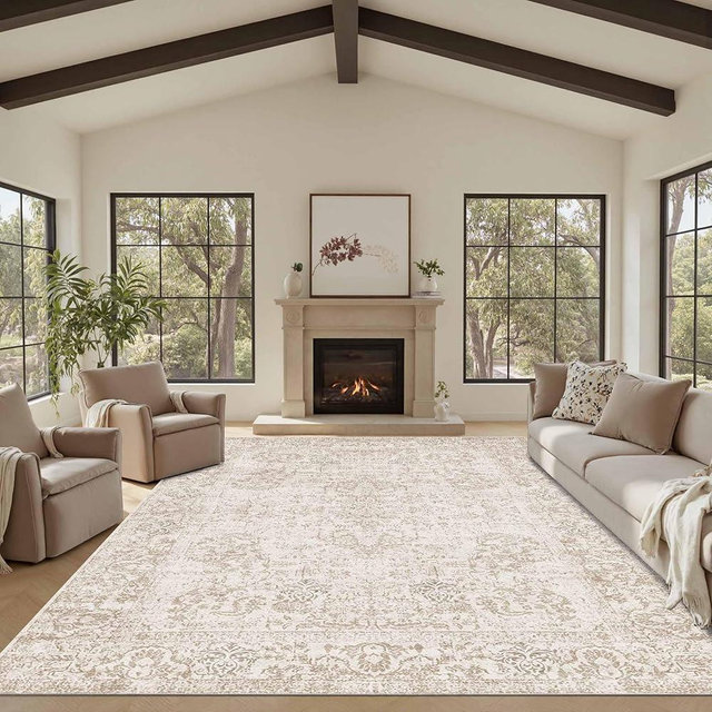 Rugxara 8x10 Large Rugs for Living Room, Neutral Washable Area Rug, Vintage Boho Rugs for Office, Kids Room, Farmhouse, Durable Low Pile Non Slip Carpet for High Traffic Areas, Light Bown
