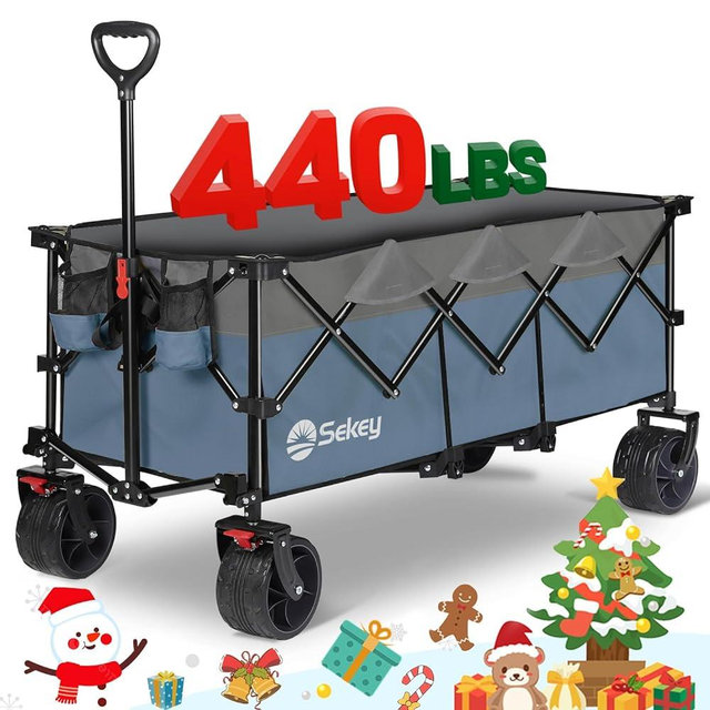 Sekey 48''L Collapsible Foldable Extended Wagon with 440lbs Weight Capacity, Heavy Duty Folding Utility Garden Cart with Big All-Terrain Beach Wheels & Drink Holders. Blue&Grey