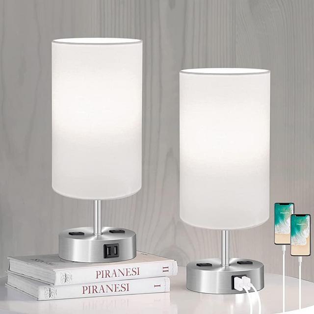 Touch Control Table Lamp Set of 2, 3-Way Dimmable Bedside Nightstand Lamps with 2 USB Ports & 2 AC Outlets, Modern Tabletop Lamps with White Shades, Desk Lamp for Bedroom Living Room, 2 Bulbs Included