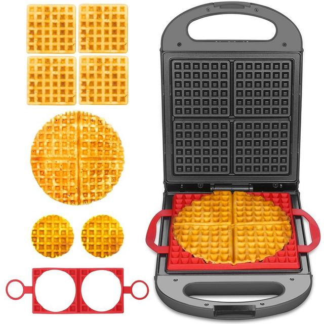 Baker's Friend Multi Shapes Waffle Iron, A Combo of Mini Waffle Maker, American Classic Waffle Maker, Belgian Waffle Maker Thick & Chaffle Maker, Waflera Electrica, With 2 Silicone Molds, Graphite