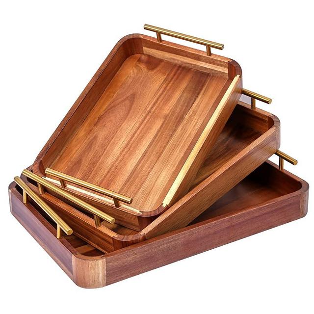 Wood Serving Tray with Handles,Decorative Tray Set of 3 with Nesting Stacking Design,Rustic Ottoman Tray for Kitchen Counter/Coffee Table/Living Room Decor,Versatile Tray for Party Picnic Barbecue