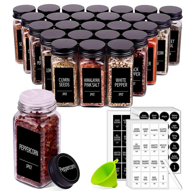 66 Spice Jars with 547 Labels- Glass Spice Jars with Black Metal Caps, 4oz Empty Spice Containers with Shaker Lids, Funnel, Chalk Pen, Churboro Square Seasoning Bottles for Spice Rack, Drawer, Cabinet