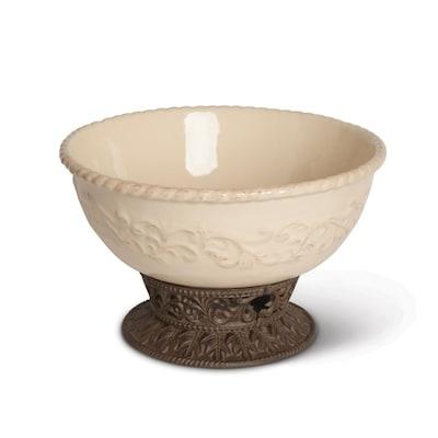 The GG Collection Detailed Embossed Cream Ceramic 12-in Dia. Bowl with Beautiful Acanthus Leaf Scrolled Metal Base