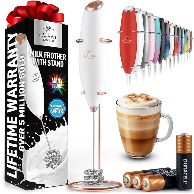 Zulay Kitchen Tornado Whisk Milk Frother with 4 AA Duracell Batteries - Triple Whisk for More Power - Handheld Coffee Frother with Stand - Drink Mixer for Lattes, Matcha & Protein Shakes