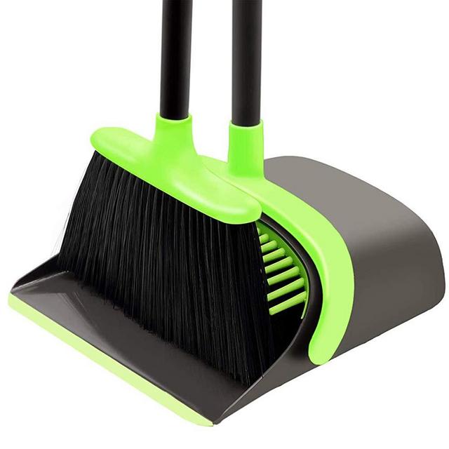 SANGFOR Broom and Dustpan Set Cleaning Supplies - Upright Broom and Dustpan Combo with Long Extendable Handle for Home Kitchen Room Office Lobby Floor Use Upright Stand up Dustpan Broom Set