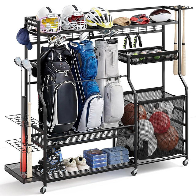 DWVO Sports Equipment Organizer, 3 Golf Bags Storage Stand with Wheels, Sport Gear Accessories Rack and Ball Organizer Bin for Garage