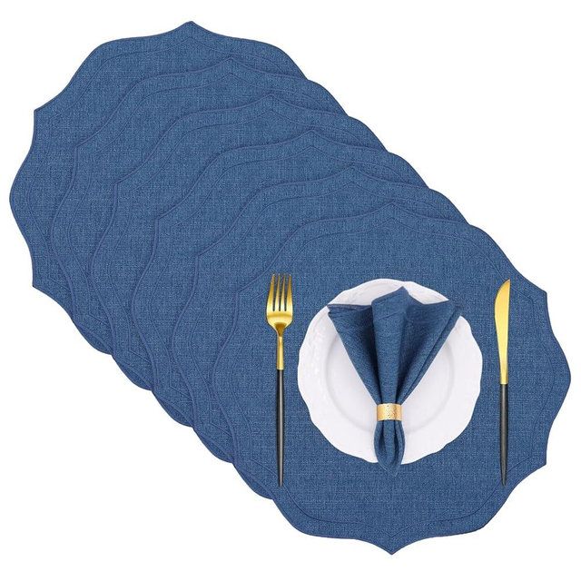 Cotton Linen Round Placemats Set of 6, HADEEONG Table Mats Cloth Placemats, Washable Wrinkle Resistance, Scalloped & Embroidered Fabric Placemats, 15.5 inch (Navy Blue, 6)