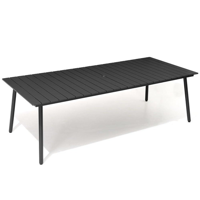 VredHom 95" Patio Outdoor Dining Table for 8-10, Weather-Resistant Wood-Grain Top with Aluminum Frame & Umbrella Hole for Deck Gatherings, Black