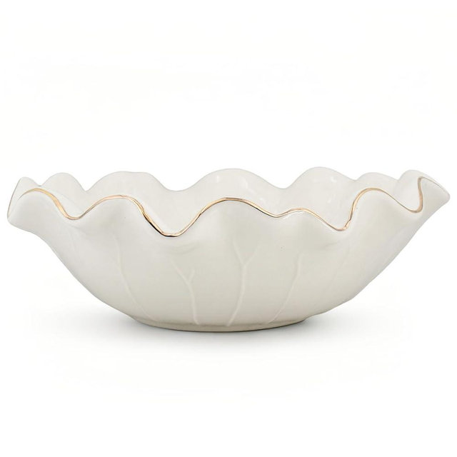 Aimtobest 10 Inch White Ceramic Decorative Bowl - Ruffle Lotus Design with Gold Trim, Large Fruit Bowl for Kitchen Counter - Modern Dining & Coffee Table Decor Centerpiece, Ideal Housewarming Gift