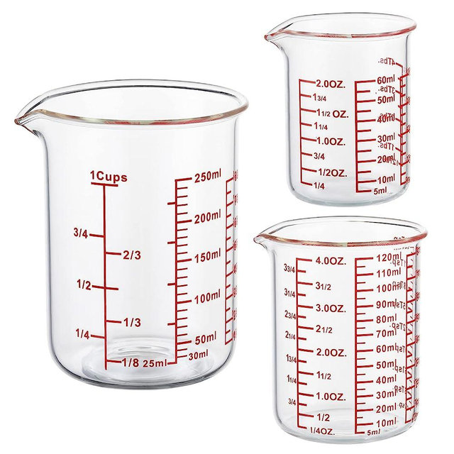 Ackers BORO3.3 High Borosilicate Glass Measuring Cup Set-V-Shaped Spout，Includes 60ml(2OZ), 120ml(4OZ), and 250ml(8OZ) Glass Measuring Beaker for Kitchen or Restaurant, Easy to Read