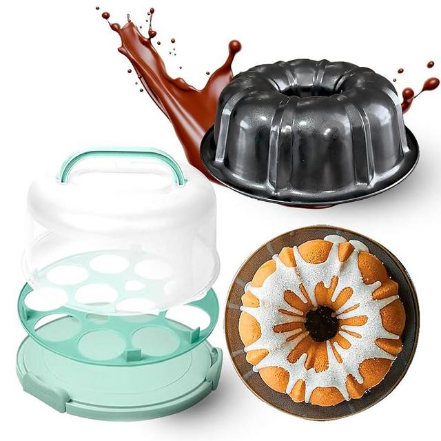 CREACAKE Premium Buntz Cake Pan Plus Cake Carrier, 10-inch Non-Stick, Premium Fluted Cake Pans For Baking, Carbon Steel Baking Mold, Round Cake Carrier, Portable Cake Stand Fits 10 inch Cake