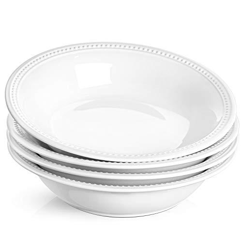 LE TAUCI 26 Ounce Beaded Pasta Bowls, Ceramic Bowl Set for Cereal, Salad, 9 Inch - Set of 4, White