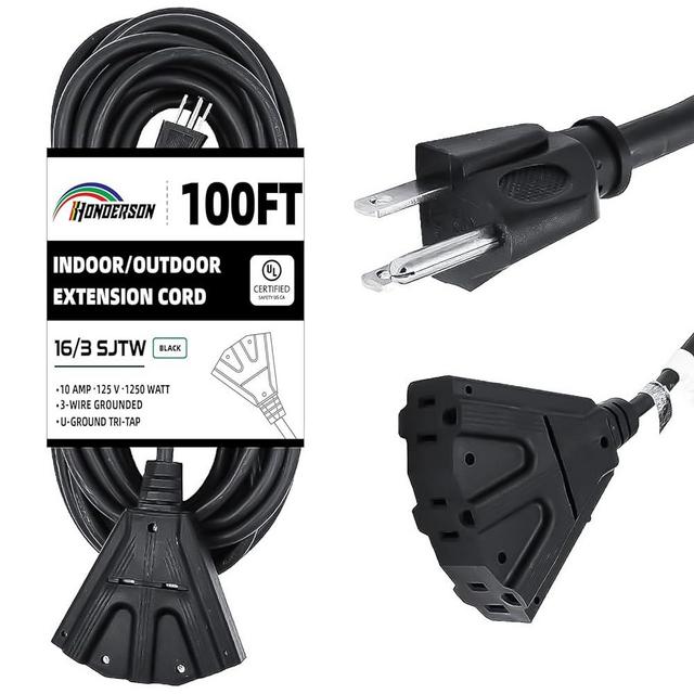 HONDERSON 3-Outlets Indoor Outdoor Extension Cord Weatherproof, UL Listed, 16 Gauge 100FT Black 3 Prong Heavy Duty Extension Cord Multiple Outlets, 16/3 SJTW 10A Power Extension Cord