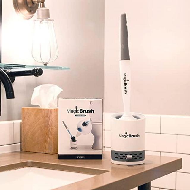 Magic Brush Toilet Scrub Brush - Stores Liquid Cleaner in Handle - Ventilated Storage Caddy - No Scratch TPR Brush Head - 18" Toilet Brush Handle