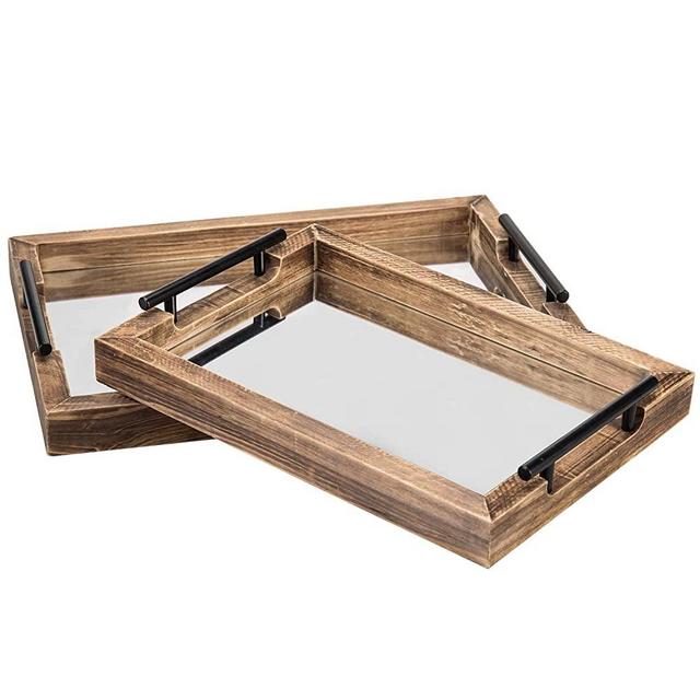 MyGift Dark Brown Wood Mirrored Vanity Trays with Metal Handles, Set of 2