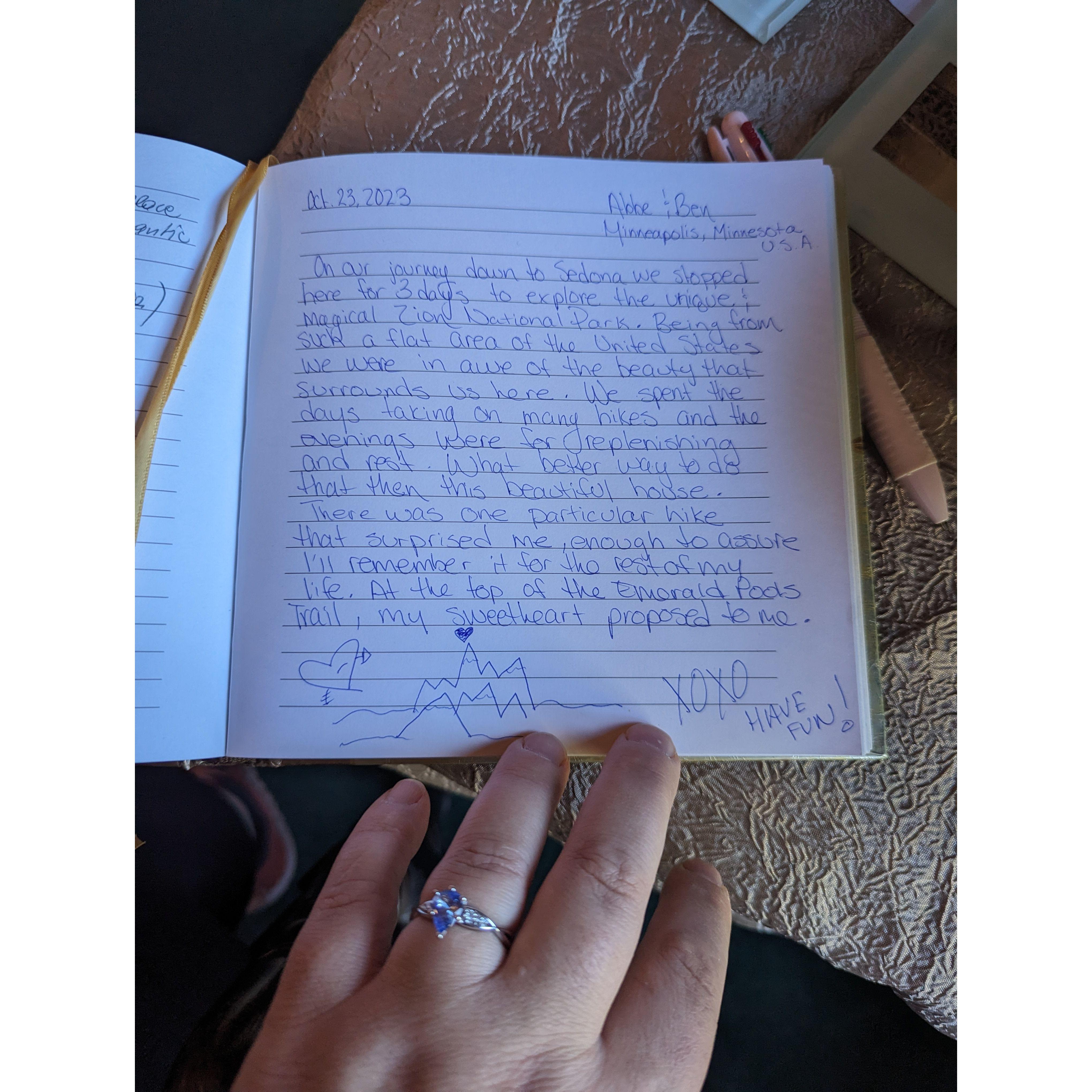 The note we wrote at the bed and breakfast place we stayed in Zion. XO