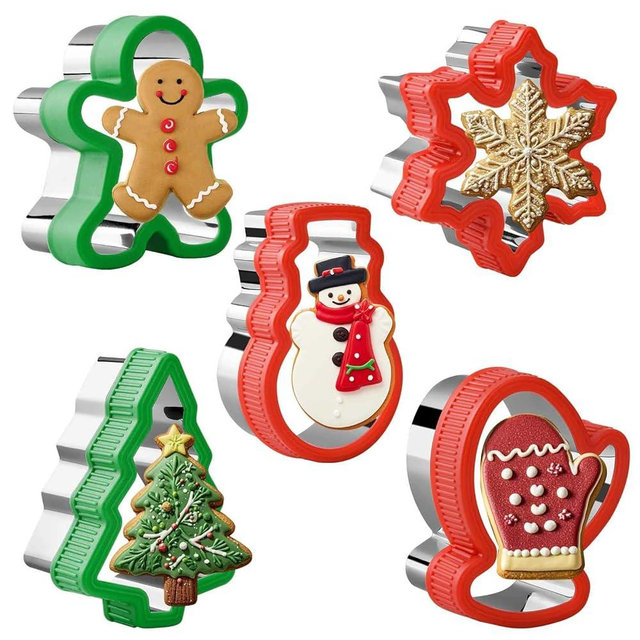 Christmas Cookie Cutters Set - 5 Piece Holiday Biscuit Cutters with Comfort Grip for Xmas Party Supplies/Favors - Including Snowflakes, Glove, Christmas Tree, Snowman, Gingerbread Man (Christmas)