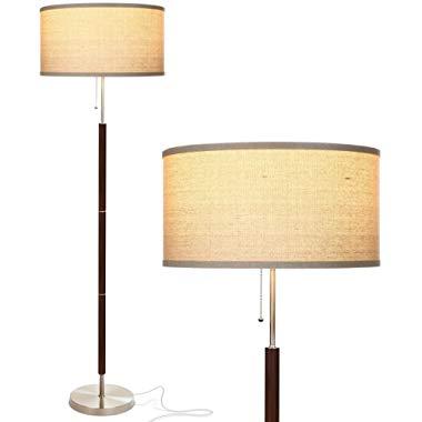 Brightech Carter LED Mid Century Modern Floor Lamp - Contemporary Living Room Standing Light - Tall Pole, Drum Shade Lamp with Walnut Wood Finish