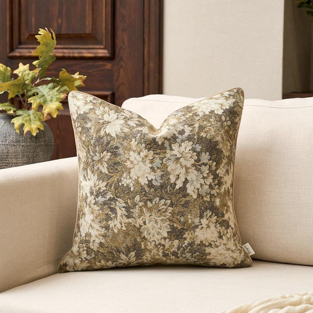 Yangest Neutral Floral Pillow Cover 24 x 24 Inches, Vintage Chenille Square Throw Pillow Cover Soft Decorative Farmhouse Accent Couch Pillow Cover for Living Room Bedroom, Beige