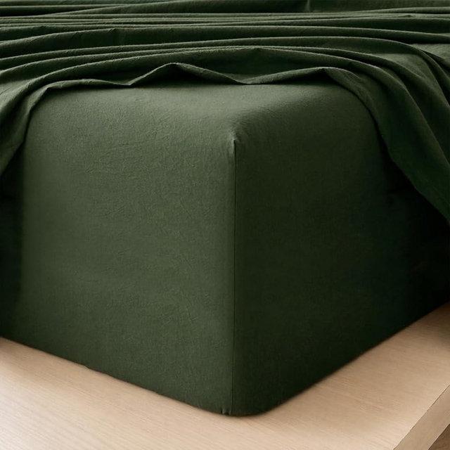 MooMee Fitted Bottom Sheet Only 100% Washed Cotton Linen Like Textured Breathable Durable Soft Comfy Deep Pocket Fits Mattress up to 17" (Forest Green, King)