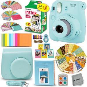 FujiFilm Instax Mini 9 Instant Camera ICE BLUE + EMOJI Film stickers + Fuji INSTAX Film (20 Sheets) + Blue Custom Fitted Case + Instax Album + Colorful Stickers + Fun Frames + 4 Colored Filters + MORE