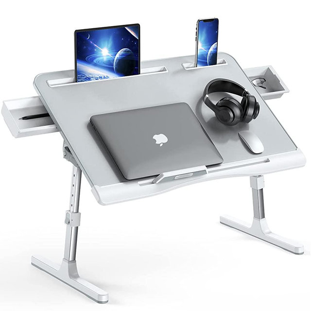 Foldable Laptop Bed Tray Desk, Adjustable Laptop Bed Table with Heights and Angles, Upgraded-Sturdy Laptop Stand for Bed/Sofa/Couch/Floor, Lap Tablet Desk with Double Drawers (XL, Grey)