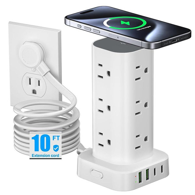 Tower Power Strip with 15W Wireless Charger, 10FT Flat Plug Extension Cord with Multiple Outlets, 12 AC Outlets, 4 USB Ports (2 USB C) Charging Station Surge Protector for Office Home Dorm Room(White)