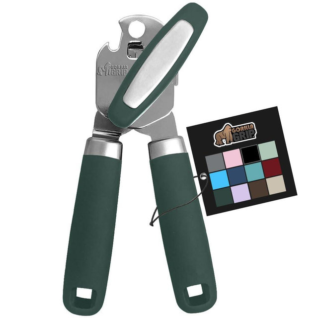 The Original Gorilla Grip Heavy Duty Stainless Steel Smooth Edge Manual Can Opener and Bottle Openers, Soft Handle, Rust Proof Oversized Handheld Turn Knob, Multifunctional Kitchen Tool, Hunter Green