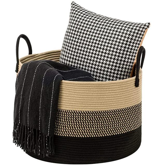 72L Large Woven Rope Laundry Hamper Basket with Handles by YOUDENOVA, 20 x 20 x 13 Round Decorative Blanket Toy Basket for Living room, Black & Jute