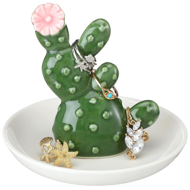Teenyyou Ceramic Cactus Ring Holder Dish for Women, Jewelry Tray Ring Dish Cute Tropical Decor Trinket Rack for Rings Earrings Necklace Organizer Birthday Mothers Day Gift
